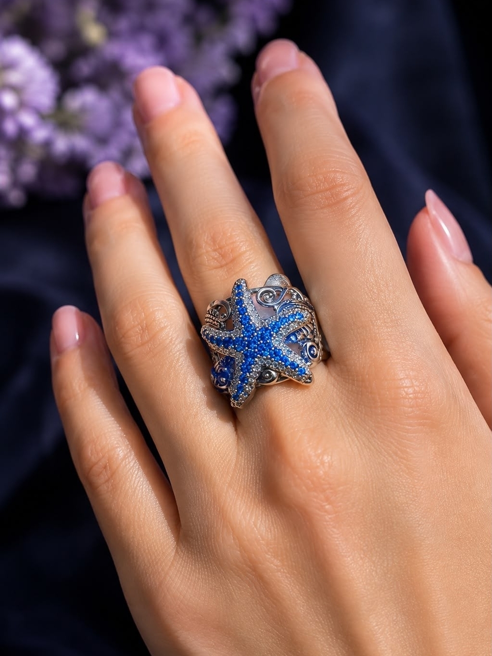 Blue Starfish Crystal Cocktail Ring - Women Jewelry